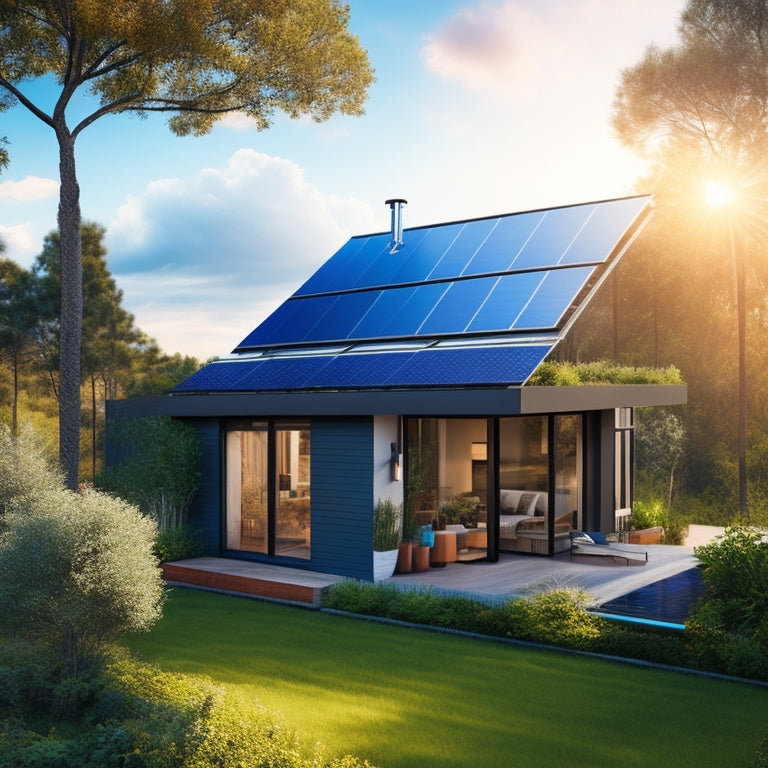 A scenic illustration of a modern, eco-friendly home with a sleek, black solar panel array on the rooftop, surrounded by lush greenery and a bright blue sky with a few wispy clouds.