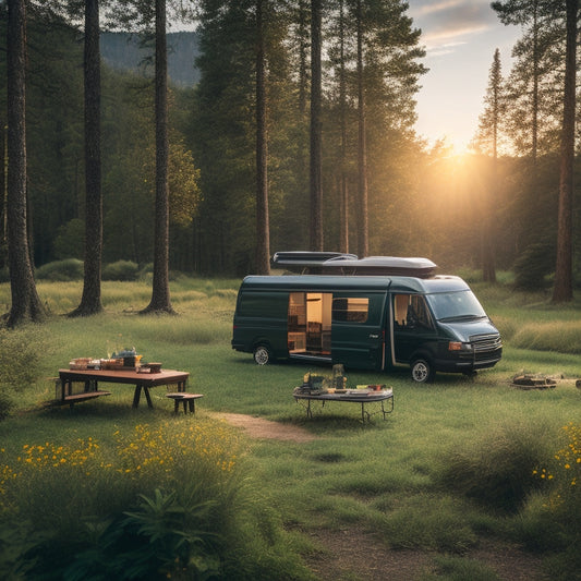 A serene, sun-lit campsite with a sleek, black van in the center, surrounded by lush greenery, with three to five solar panels of varying sizes and designs arranged artfully around it.