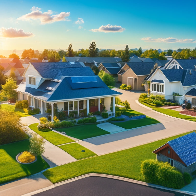 A serene suburban neighborhood with a mix of modern and traditional houses, each adorned with sleek, black solar panels on rooftops, set against a bright blue sky with a few puffy white clouds.