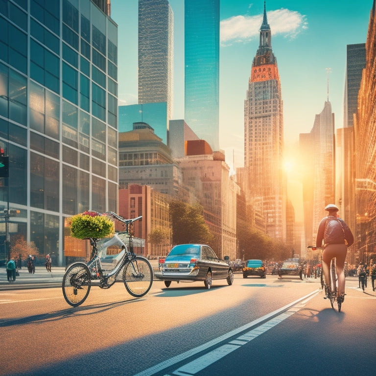 An illustration depicting a bustling cityscape with a bicycle, electric scooter, and skateboard in the foreground, surrounded by blurred skyscrapers and busy streets.