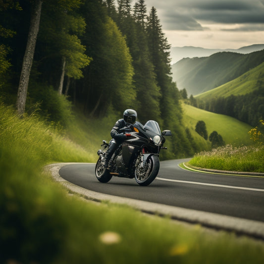 A sleek, black motorcycle speeding down a winding road, surrounded by lush green hills, with a blurred background to convey motion and power.