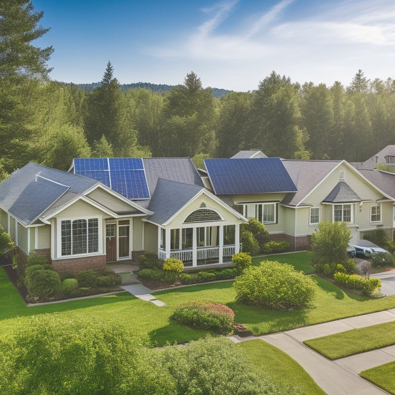 A sunny suburban neighborhood with multiple houses, each featuring a unique residential solar panel kit installation, showcasing different panel styles, angles, and roof types, amidst lush green trees and blue skies.