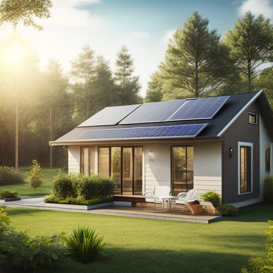 An illustration of a small, modern home with a compact solar panel system on its rooftop, surrounded by a subtle background of sunny skies and green trees.