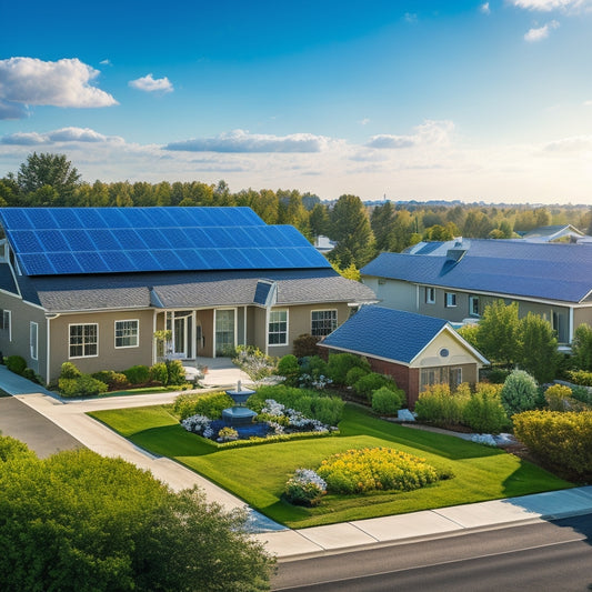 A serene suburban neighborhood with multiple homes, each featuring sleek, black solar panels installed on rooftops, under a bright blue sky with a few white, puffy clouds.