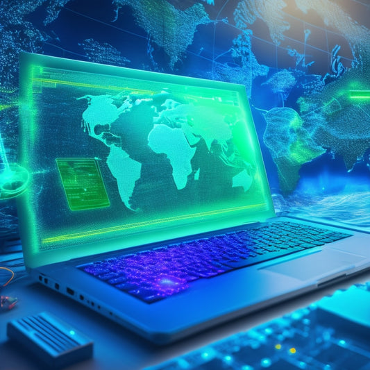 A futuristic illustration depicting a laptop screen displaying a world map with glowing solar panels and green energy icons scattered across it, surrounded by coding lines and circuit boards.