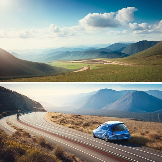 A scenic landscape with a winding road, several sleek, eco-friendly cars in shades of silver, blue, and white, with solar panels on roofs, driving towards a bright, sunny horizon.