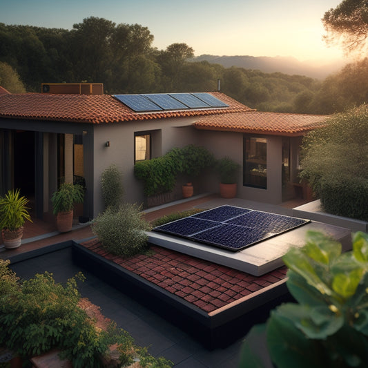 A serene rooftop scene with a mix of shiny black solar panels, sleek and modern, amidst a patchwork of clay tiles, surrounded by lush greenery, with a subtle sunny glow.