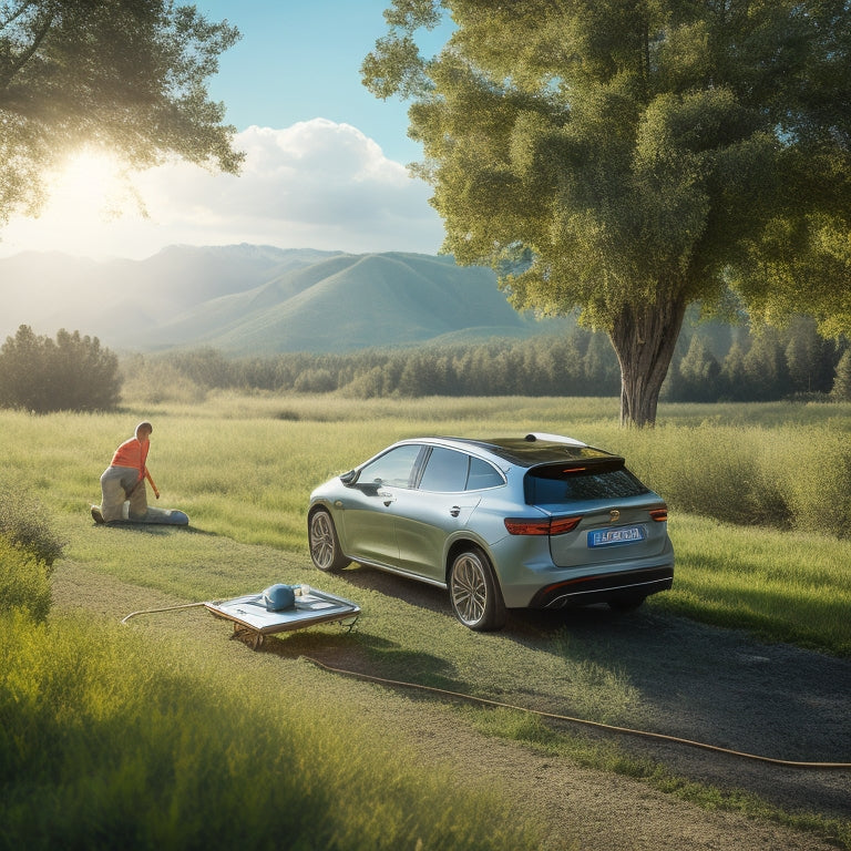 A serene outdoor setting with a parked car, a portable solar panel on the roof, and a power bank charging in the trunk, surrounded by lush greenery and a sunny sky.