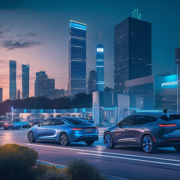 A futuristic cityscape at dusk with sleek, modern electric vehicles parked alongside several public EV charging stations, each with glowing blue lights and sleek, minimalist designs.