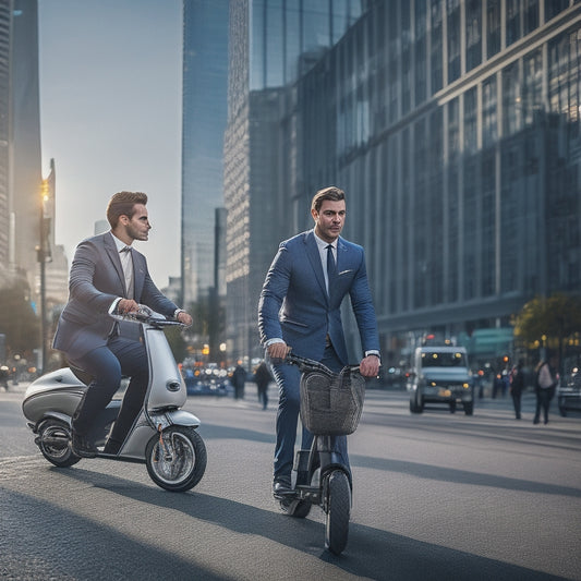 A bustling city street with a young professional riding a sleek, silver electric scooter, weaving through traffic, surrounded by towering skyscrapers and busy pedestrians.