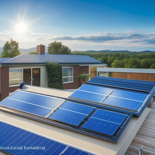 An illustration of a residential rooftop with solar panels, a magnifying glass zoomed in on a single panel with a shield or badge emblem, surrounded by a subtle background of warranty certificates and contracts.