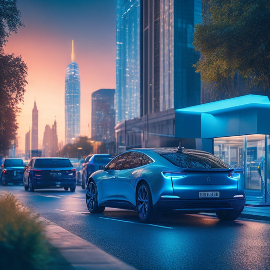 A futuristic cityscape at dusk with sleek, modern electric vehicles parked along a bustling street lined with lush greenery, featuring sleek, futuristic EV charging stations with glowing blue lights.