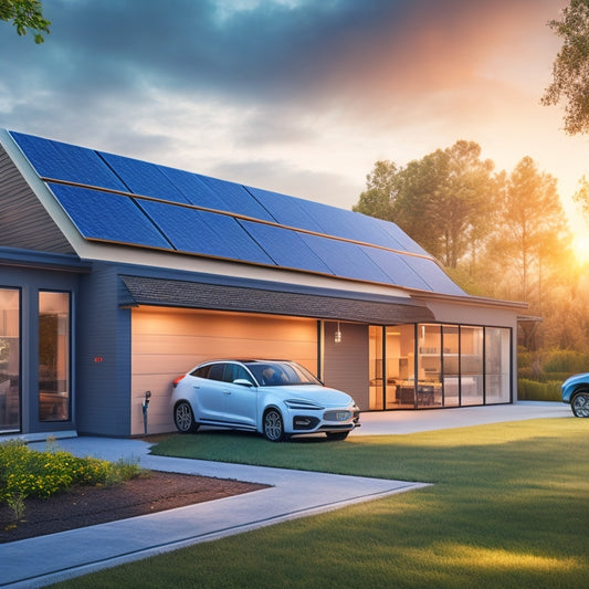 An illustration of a modern home with solar panels on the roof, an electric vehicle plugged into a charging station, and a battery pack in the garage, with power flowing from the car to the house.