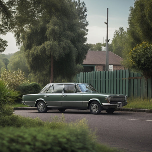 A serene landscape of a well-maintained car parked in front of a local mechanic's shop, surrounded by lush greenery, with a faint image of a cityscape in the background.