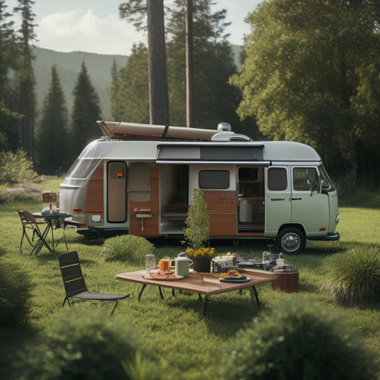 A serene outdoor scene: a camper van parked amidst lush greenery, solar panels on the roof, a portable solar charger on a nearby picnic table, and a few camping gear scattered around.