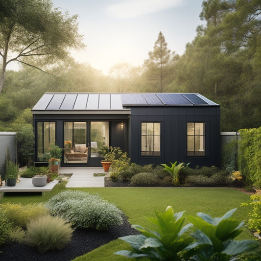 A serene backyard with a small, modern single-story house, featuring a sleek black solar panel array installed on the roof, surrounded by lush greenery and a few potted plants.