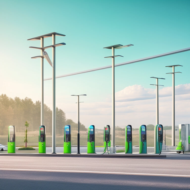 An image featuring five distinct electric vehicle charging stations with varying designs, colors, and shapes, arranged against a clean, minimalist background with subtle green accents.