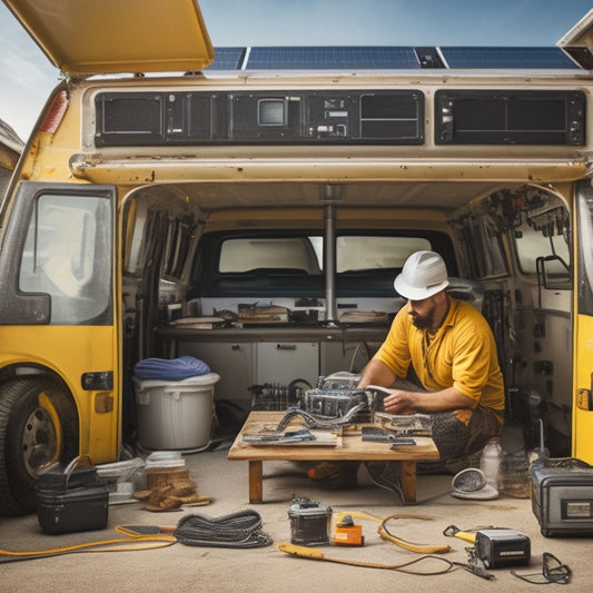 A detailed illustration of a person in a workshop, wearing a tool belt, surrounded by solar panels, wires, and tools, with a partially assembled solar panel system on the roof of a camper van.