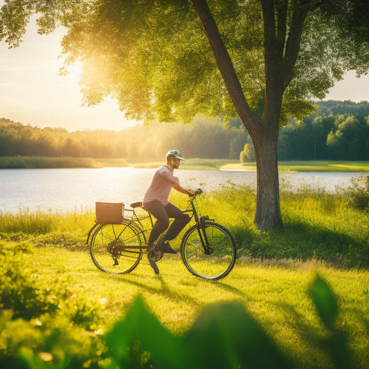 A serene landscape with a person in the distance riding an electric bike, with a faint conversion kit box and tools scattered around the foreground, surrounded by lush greenery and a sunny sky.