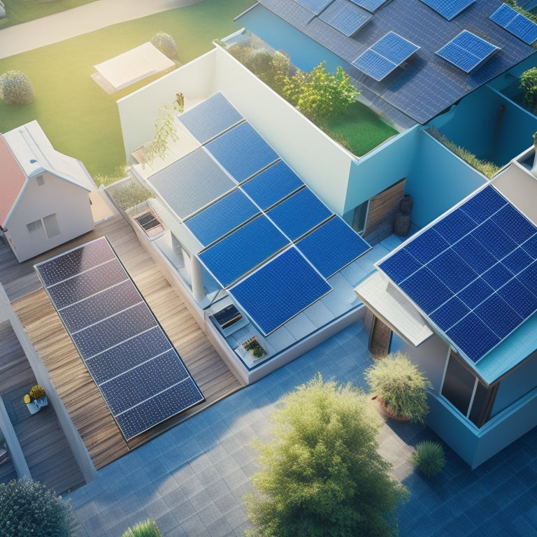 A stylized illustration of a house rooftop with various solar panels of different shapes, sizes, and colors, arranged in a comparative layout, surrounded by subtle sun rays and a faint blue sky.