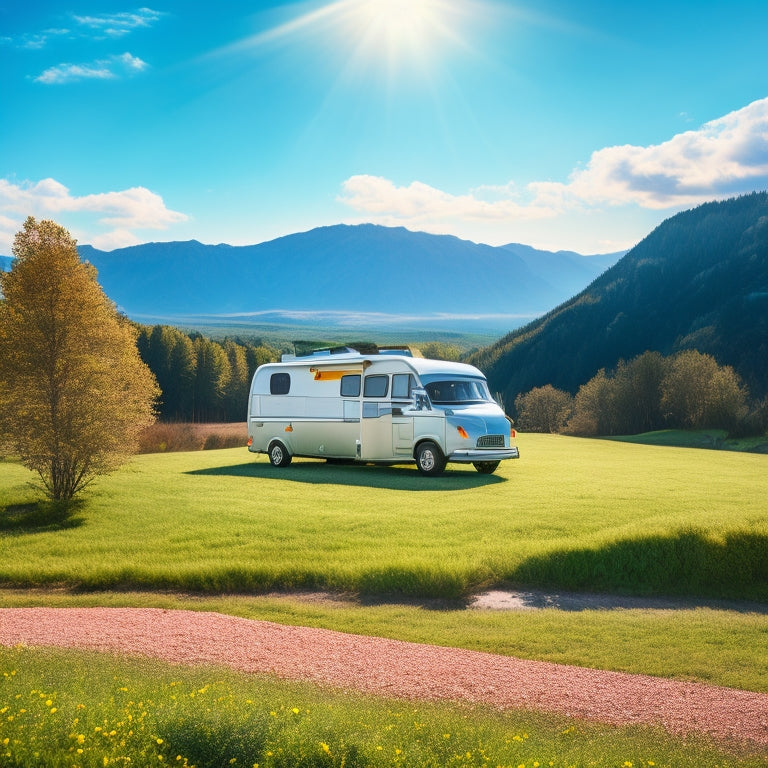 A serene landscape with a parked campervan or RV in the center, adorned with sleek solar panels on the roof, surrounded by lush greenery and a clear blue sky.