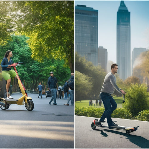 A split-screen image featuring a crowded city street with traffic congestion on one side and a person effortlessly gliding on an affordable e-scooter alternative on the other, with a city park or greenery in the background.