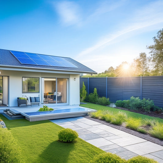 A serene, sunny backyard with a modern, sleek house featuring a roof installed with various solar panels from different brands, with a subtle, gradient blue sky.