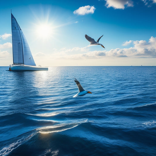 A serene ocean scene with a sailboat in the distance, solar panels mounted on its deck, reflecting sunlight, surrounded by seagulls flying overhead and a subtle wave pattern in the background.