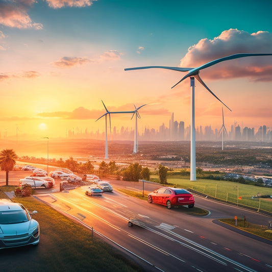 An illustration of a futuristic cityscape at sunset, with sleek electric vehicles plugged into charging stations, surrounded by greenery and wind turbines, amidst a backdrop of rising graph lines and soaring electricity bolts.