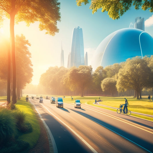 A futuristic cityscape featuring sleek, electric, and hydrogen-powered vehicles gliding along tree-lined roads, with people cycling and walking amidst a backdrop of lush greenery and a bright blue sky.