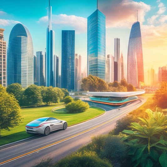 A futuristic cityscape with sleek, aerodynamic electric vehicles zipping past gleaming skyscrapers, amidst a backdrop of vibrant greenery and clean energy infrastructure, conveying a sense of eco-friendly urban innovation.