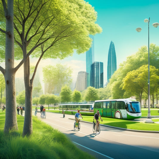 An illustration of a bustling cityscape with a mix of eco-friendly transportation modes: a cyclist, an electric scooter, a hybrid bus, and a pedestrian walking towards a green park, surrounded by lush trees and a blue sky.