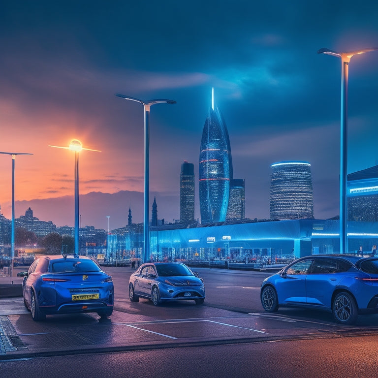 A futuristic UK cityscape at dusk with sleek, modern electric vehicles parked alongside streets lined with charging stations, cables, and glowing blue charging points under a starry night sky.