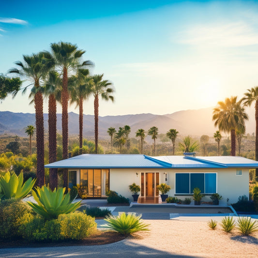 A serene California landscape with a modern home featuring a sleek solar panel roof, surrounded by palm trees, a bright blue sky, and a subtle sun in the background.