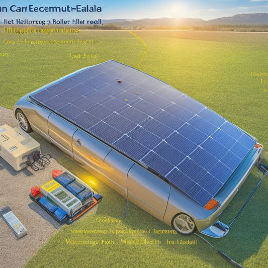 A diagram showcasing a car's roof-mounted solar panel kit with various components labeled, including a charge controller, battery, and wiring, set against a sunny outdoor background.