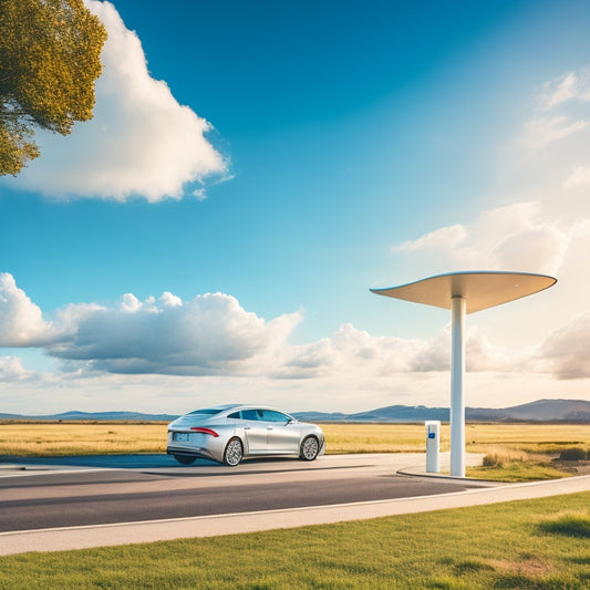 A serene landscape with a sleek, silver electric vehicle parked in front of a modern, curved charging station, set against a bright blue sky with fluffy white clouds.