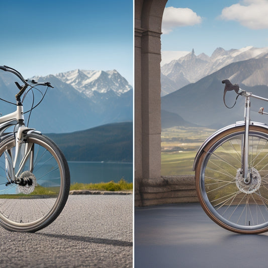 A split-screen image featuring a bicycle with a traditional wheel on one side and an electric wheel on the other, with a subtle cityscape or mountain range in the background.