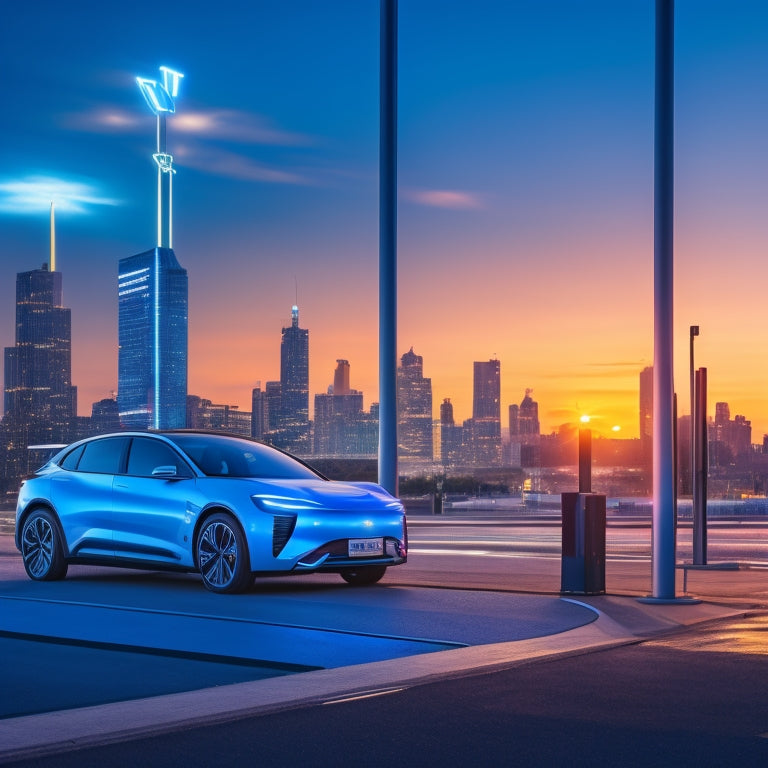 A futuristic, modern EV charging station with sleek, silver columns, surrounded by a cityscape at dusk, with a blurred electric vehicle in the foreground, and a subtle, glowing blue light emanating from the station.