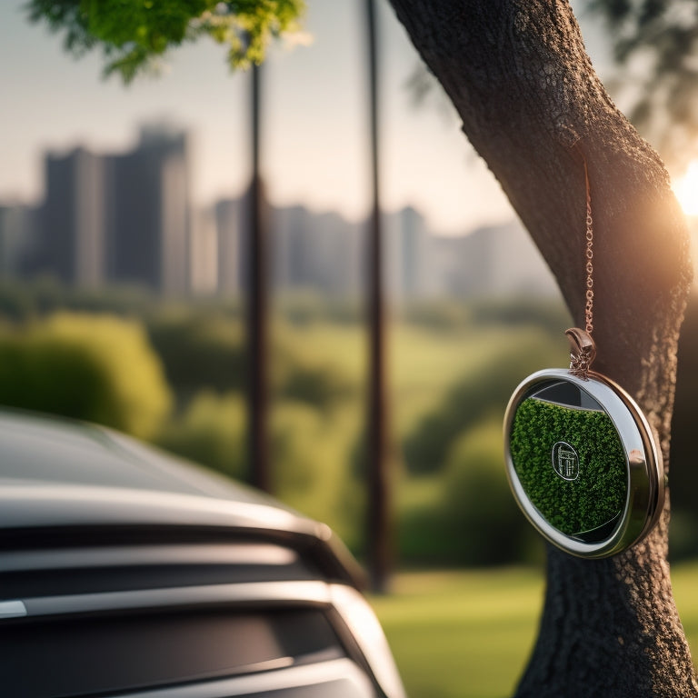 A sleek, modern car with a green tree air freshener dangling from the rearview mirror, surrounded by lush greenery and a subtle eco-friendly badge on the side panel, set against a blurred cityscape.