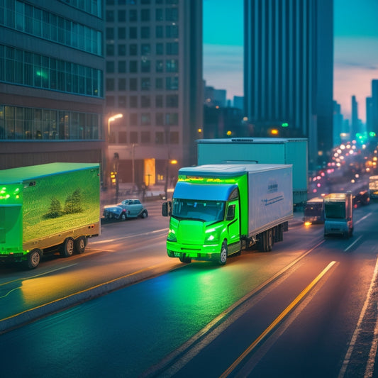 An illustration of a cityscape with electric vans and trucks navigating through congested streets, showcasing efficient delivery routes, optimized traffic flow, and eco-friendly vehicles, with a subtle green glow surrounding the scene.