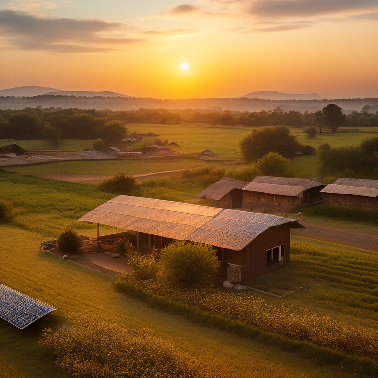 A serene rural Indian landscape at sunset with a few scattered village houses, each with solar panels installed on rooftops, surrounded by lush green fields and a few trees, under a vibrant orange sky.