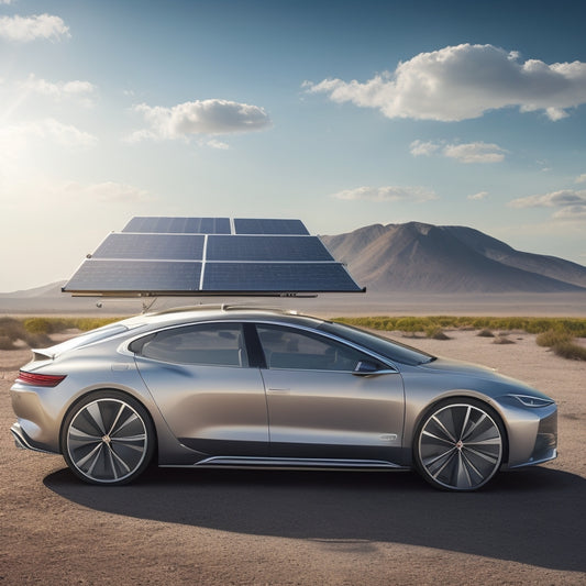 An illustration of a sleek, silver car with solar panels integrated into the roof and hood, wind turbines attached to the side mirrors, and a kinetic energy harvesting wheel on the rim.