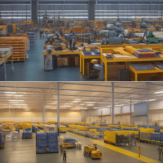 A split-screen image featuring a sleek, modern warehouse on one side, with stacks of solar panels and efficient robots assembling them, and a cluttered, cramped office on the other, with a stressed worker surrounded by papers and calculators.