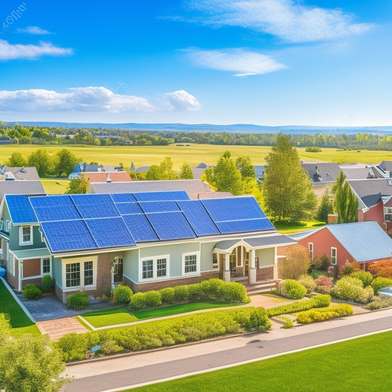 A serene suburban landscape with a mix of traditional and modern homes, showcasing 5-7 houses with solar panels installed on rooftops of varying angles and sizes, under a bright blue sky with a few puffy white clouds.