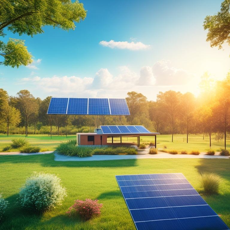 A serene landscape with 10 sleek, modern solar panels of varying designs and sizes, angled towards a bright blue sky with a few wispy clouds, surrounded by lush greenery.