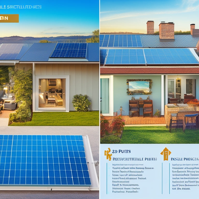 A split-screen image featuring a residential rooftop with solar panels on one side, and a detailed breakdown of costs (represented by puzzle pieces, dollar signs, and gear icons) on the other side.