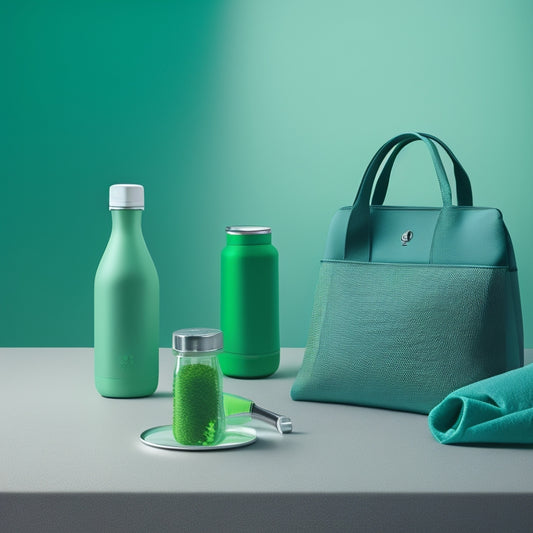 A minimalist illustration of a eco-friendly car interior, featuring a reusable water bottle, a cloth shopping bag, and a portable air purifier, set against a calming green background.