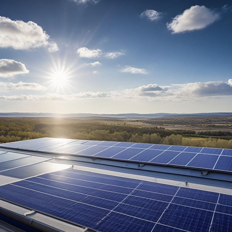 A serene landscape featuring a modern, sleek rooftop with a series of high-efficiency solar panels in shades of silver and black, set against a clear blue sky with a few wispy clouds.