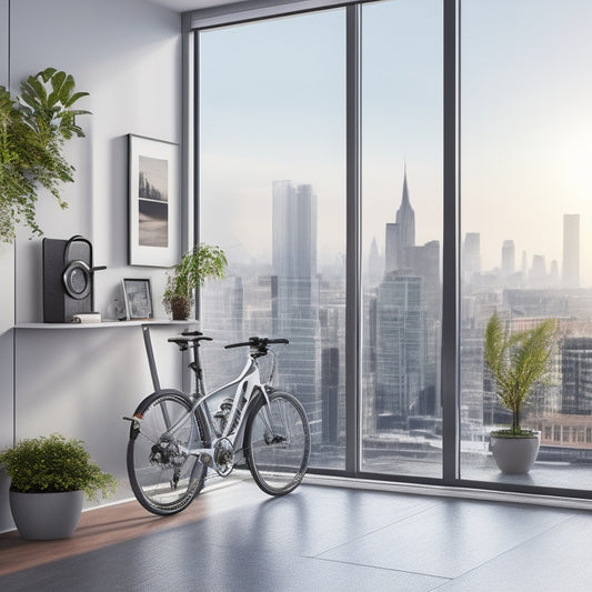 A compact, modern apartment with a sleek, silver foldable e-bike leaning against a minimalist shelving unit, surrounded by sparse, urban decor and a large cityscape window view.