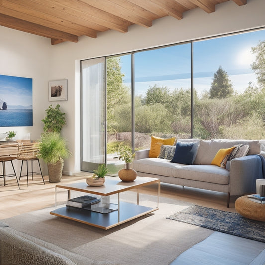 A bright, modern living room with a laptop open on a coffee table, surrounded by solar panel brochures and a cup of coffee, with a sunny backyard visible through the sliding glass door.